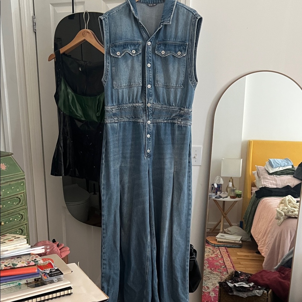 CRVY Badland Coveralls Free People Sleeveless Denim wide leg jumpsuit